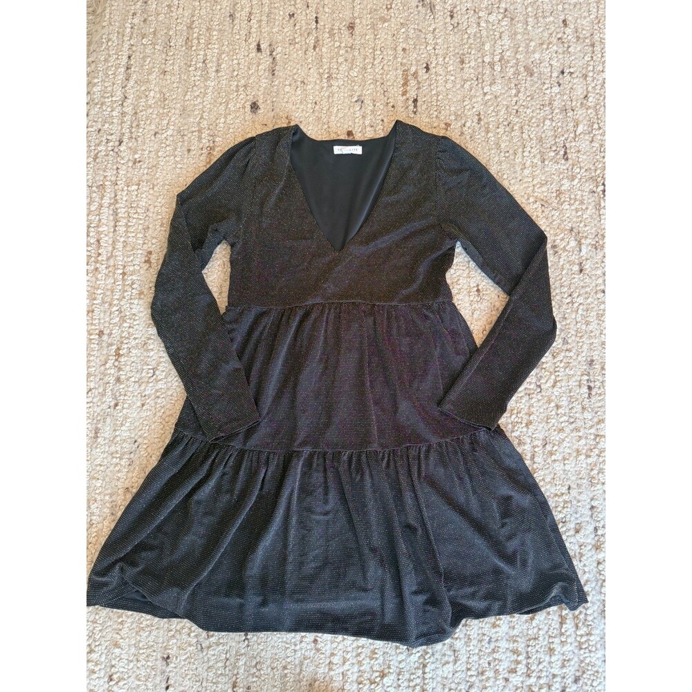 Socialite Black Shimmer Dress Size S Long Sleeve Fit & Flare Mini Metallic